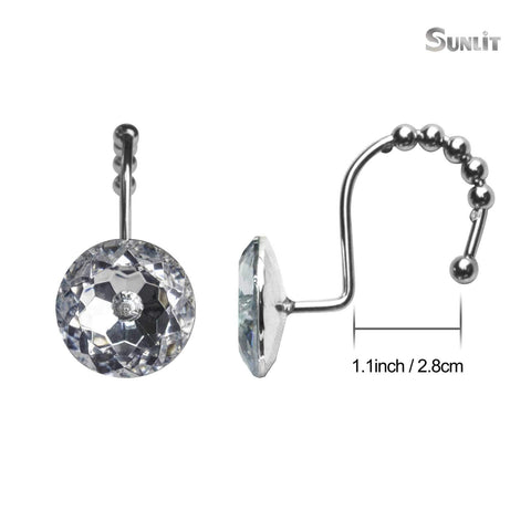 Sunlit Luxury Design Round Clear Diamond Crystal Gem Bling with Glide Balls Shower Curtain Hooks