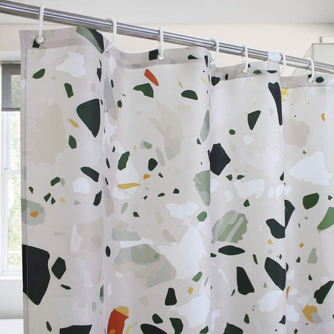 EurCross Green Shower Curtains Mould proof resistant, Washable Weighted Fabric Wet Room Shower Curtain with Terrazzo Pattern 180 x 180 cm Drop