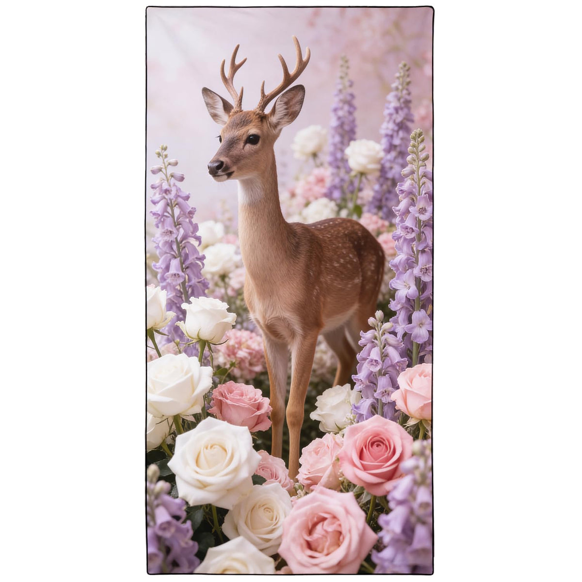 Violetpos Deer in Roses & Larkspur Beach Towel, Extra Large 180x90 cm 250GSM Microfibre, Sand Free Quick Dry