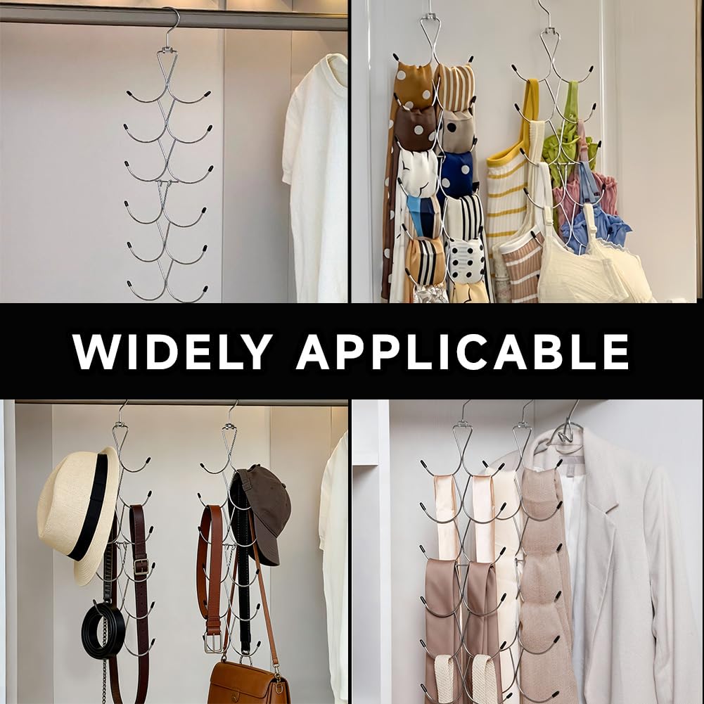 2Pcs Scarf Hanger with 12 Hooks, Metal 360° Rotating Organizer, Space-Saving Foldable Holder for Closet Scarves, Shawls, Belts and Purses (Silver)