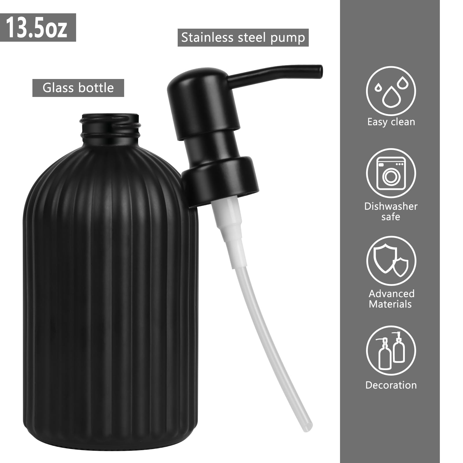 Matte Black Ribbed Glass Soap Dispenser, 400ml Refillable Countertop Hand Soap Bottle with Rust‑Proof Pump, for Kitchen, Bathroom & Laundry Room