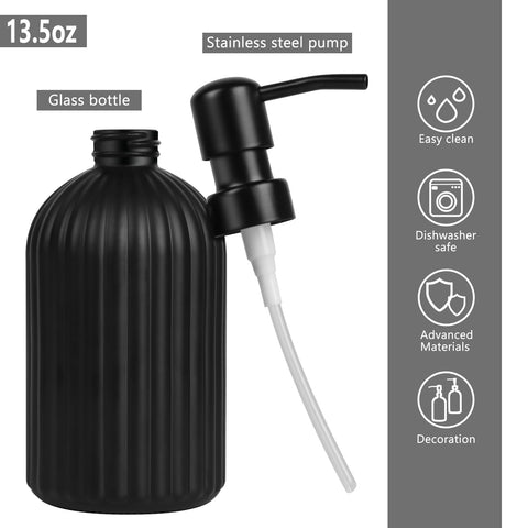 Matte Black Ribbed Glass Soap Dispenser, 400ml Refillable Countertop Hand Soap Bottle with Rust‑Proof Pump, for Kitchen, Bathroom & Laundry Room