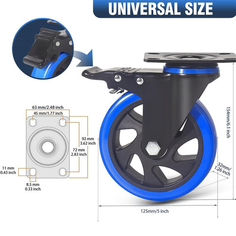 5 Inch Caster Wheels, Casters Set of 4, Heavy Duty Casters with Brake