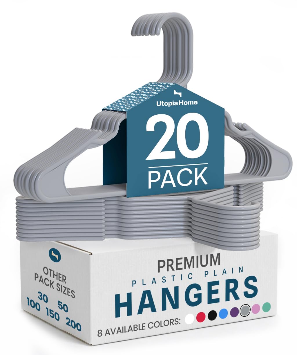 Utopia Home 20 Pack Plastic Hangers Space Saving, Durable Hanger with Shoulder Grooves, Grey