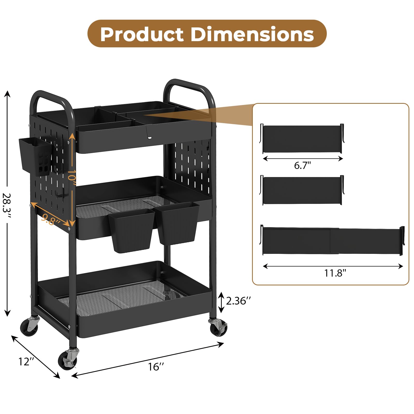 danpinera 3 Tier Rolling Cart, Metal Utility Cart with DIY Pegboard, Rolling Carts with 3 Dividers