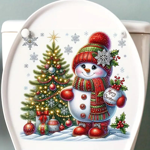 Christmas Snowman and Christmas Tree Toilet Cover Sticker Decals,Fish Bird Flower Leaf Waterproof Toilet Lid Tank Seat Decals Cistern Self-Adhesive