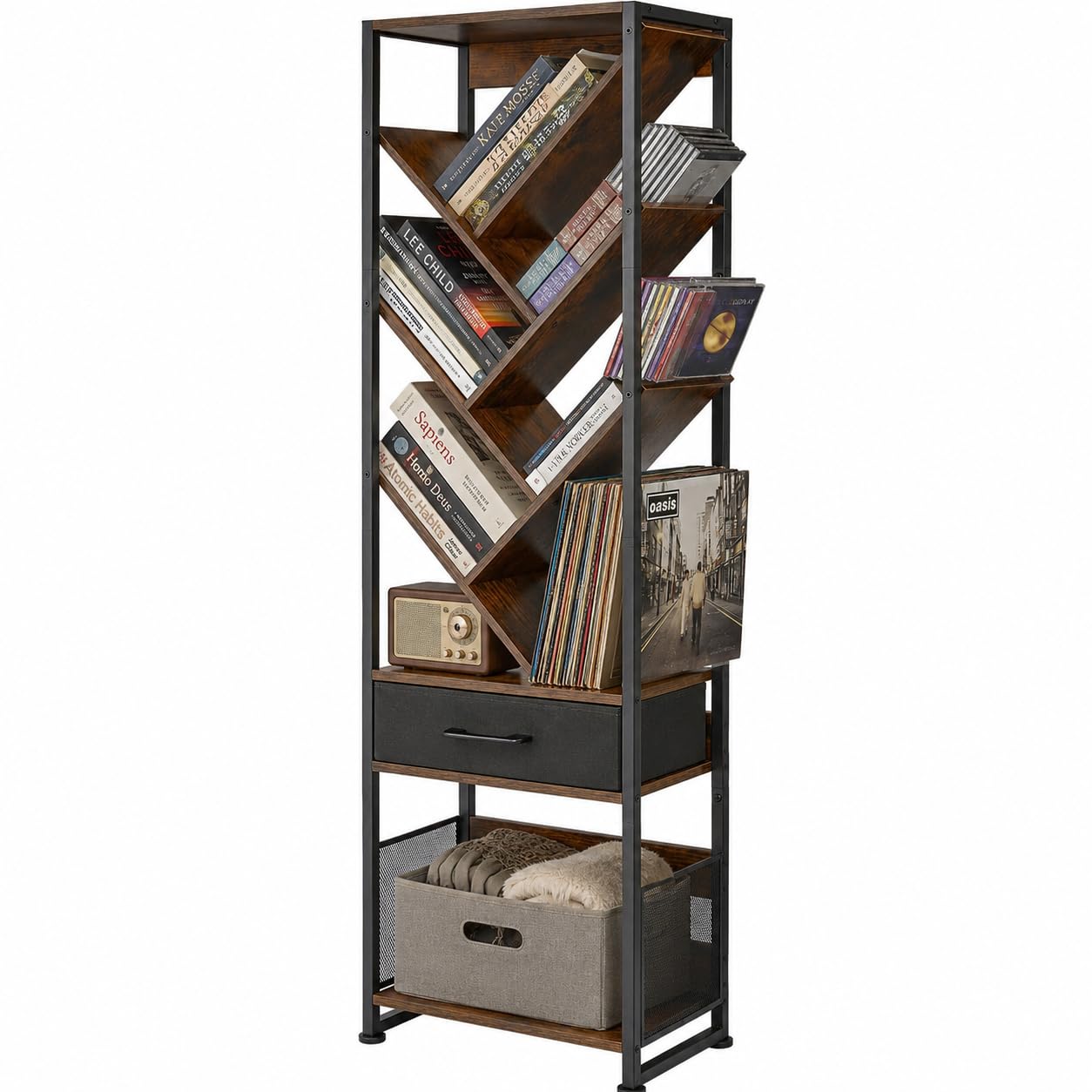 ruboka Tree Bookshelf with Side Table, Tall Bookcase with Storage Cabinet, Floor Standing Modern Narrow Bookshelves Organizer for Bedroom/Living