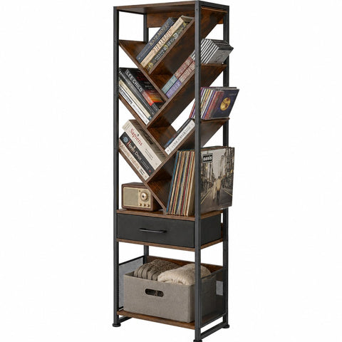 ruboka Tree Bookshelf with Side Table, Tall Bookcase with Storage Cabinet, Floor Standing Modern Narrow Bookshelves Organizer for Bedroom/Living