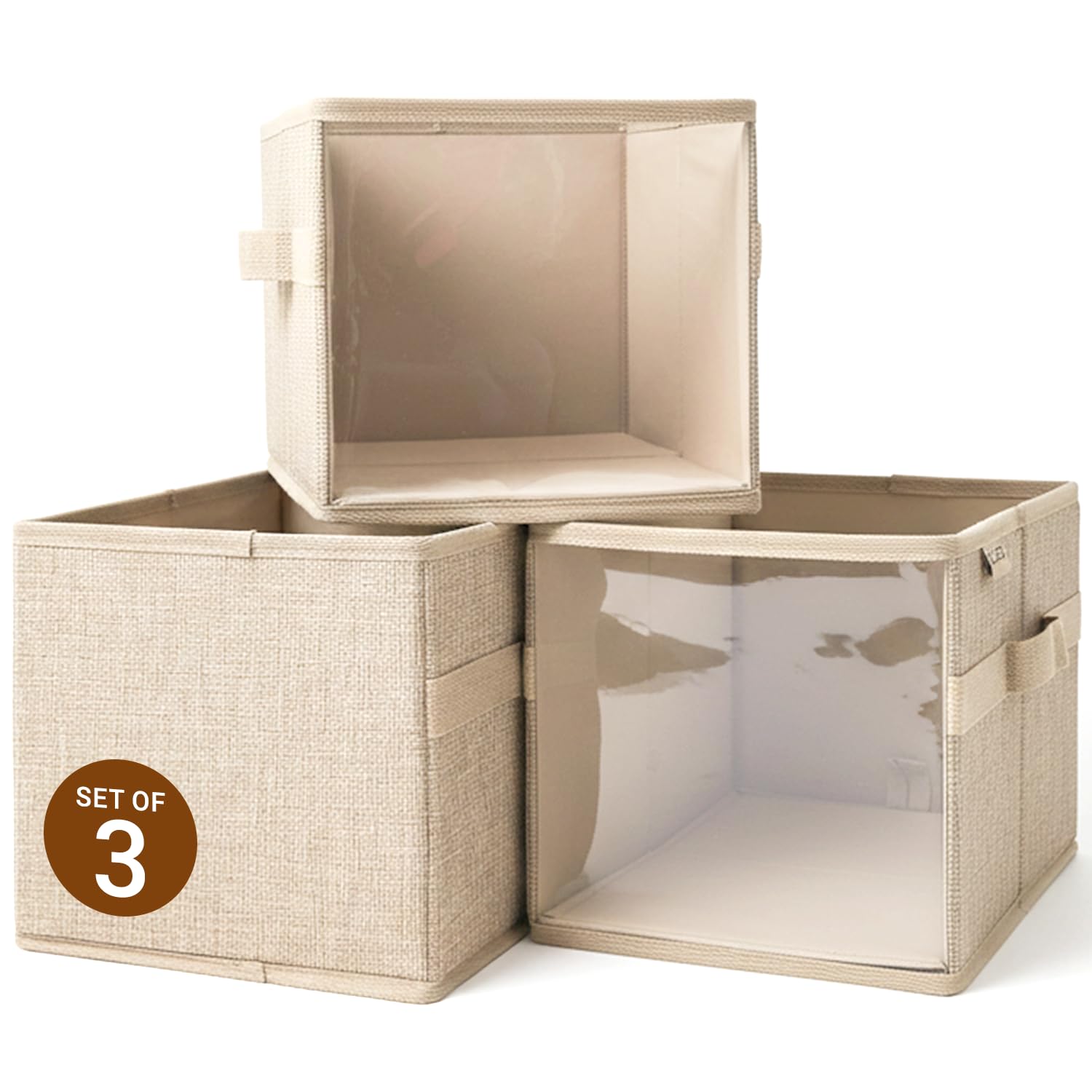 OK ZOO 3-Pack Clear Front Storage Bins – Foldable Cube Organisers with PVC Window & Polyester Linen, Handles for Closet Shelves Nursery Toy Storage