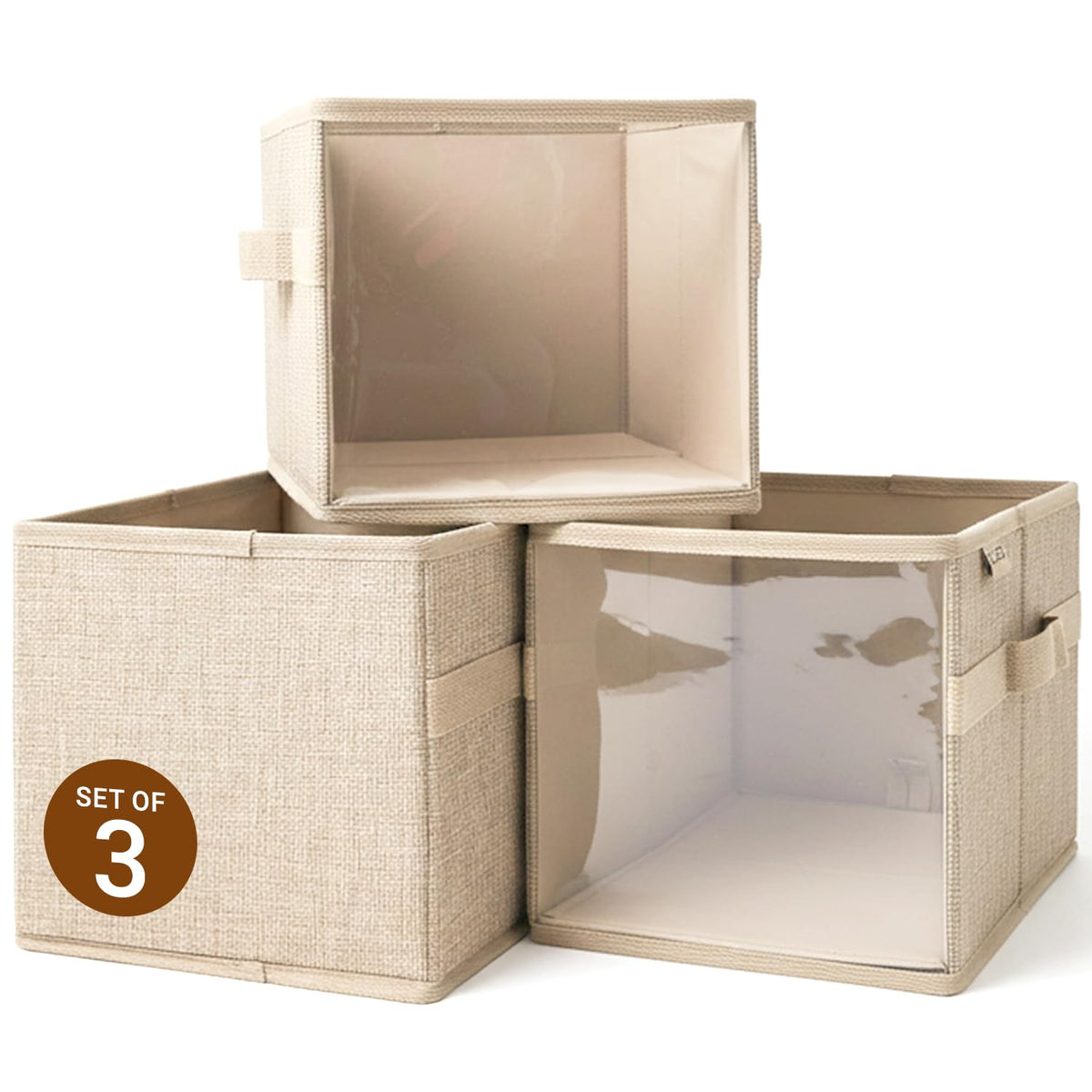 OK ZOO 3-Pack Clear Front Storage Bins – Foldable Cube Organisers with PVC Window & Polyester Linen, Handles for Closet Shelves Nursery Toy Storage