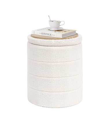 PINPLUS Round Ottoman Storage, Convertible Table, Cream White, 37x37x45 cm