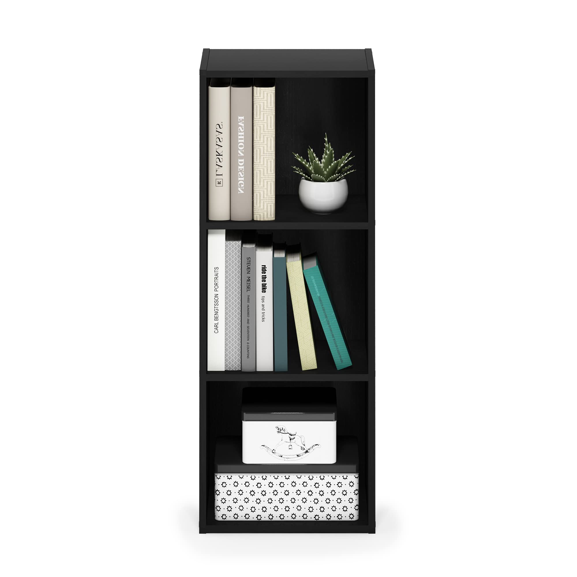 Furinno PASIR Book Shelf, 3-Tier Bookshelf, Bookcase with Open Shelves, 9 x 12 x 32, for Living Room, Bedroom, Home Office, Blackwood