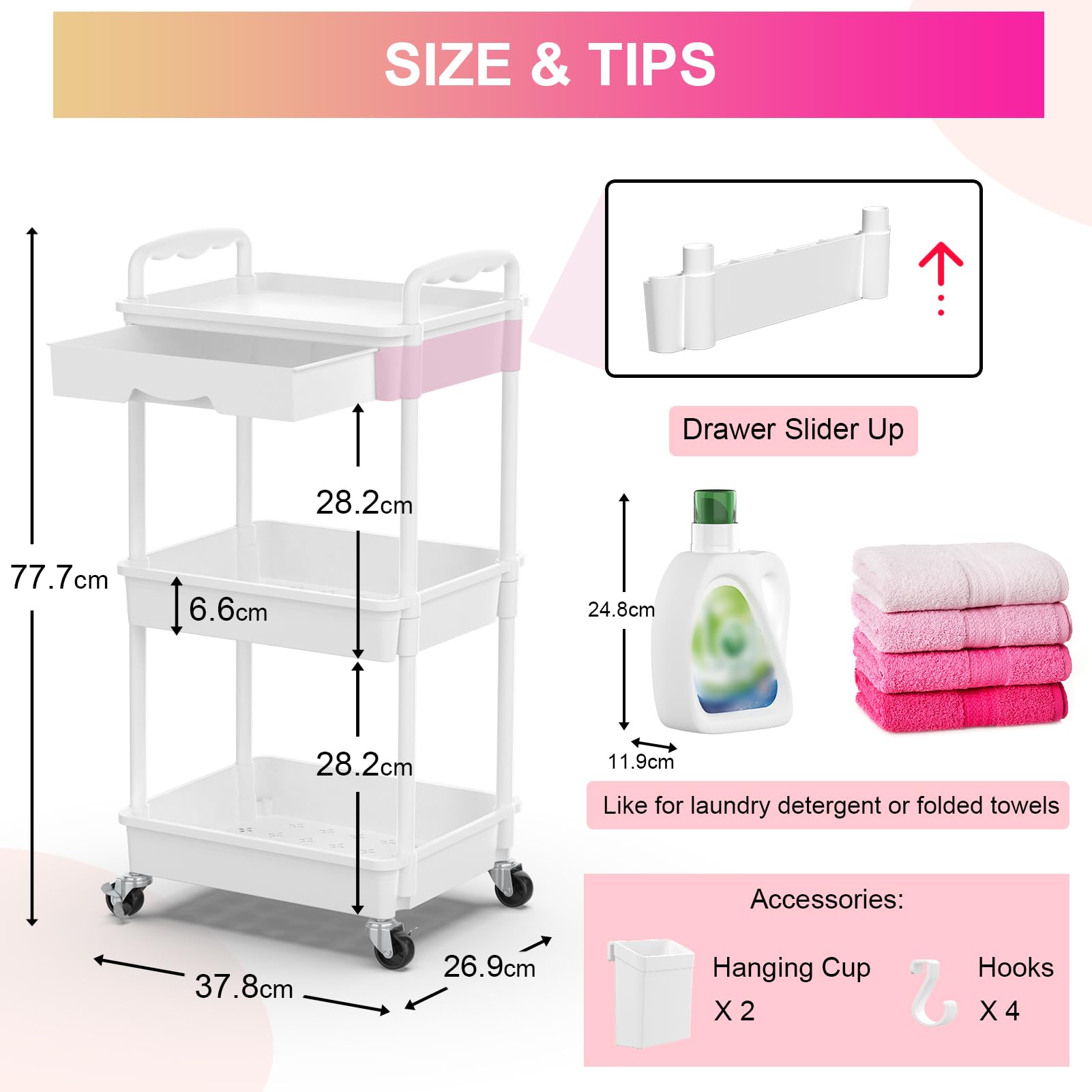 Yeabett 3 Tier Storage Trolley with Drawer, Utility Cart with Plastic Shelf & Lockable Wheels Multifunctional Storage Cart for Kitchen, Bathroom