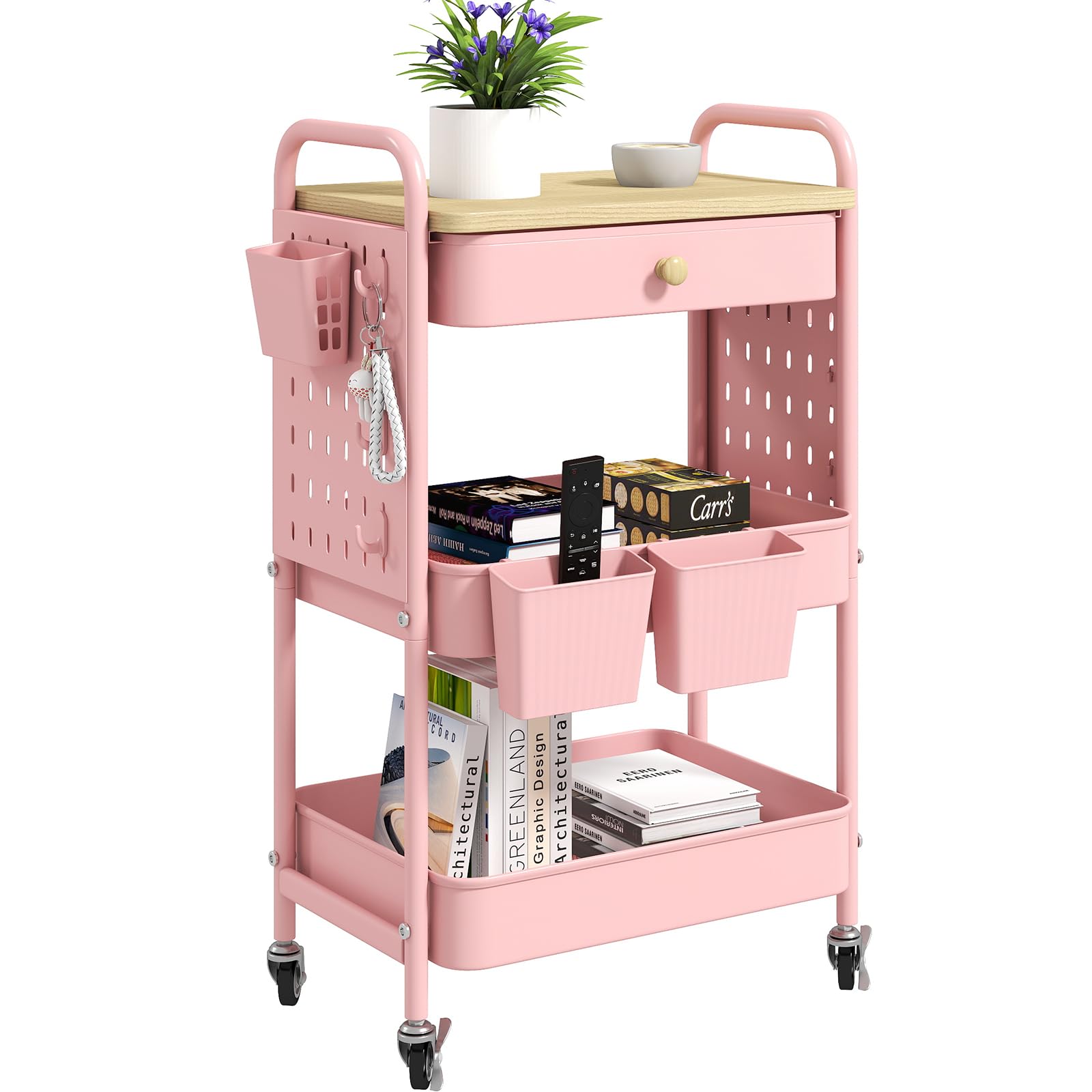 danpinera 3 Tier storage trolley, Metal storage cart with DIY Pegboard & Drawer, storage trolley on wheels with Hooks & Hanging Cups for Living Room