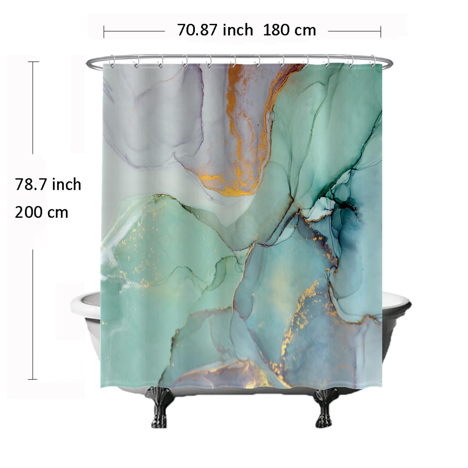 Ulticool Shower Curtain - Marble Green Blue Watercolour - 180 x 200 cm - Washable - Anti Mould - Waterproof - with 12 Rings