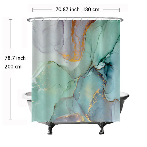 Ulticool Shower Curtain - Marble Green Blue Watercolour - 180 x 200 cm - Washable - Anti Mould - Waterproof - with 12 Rings