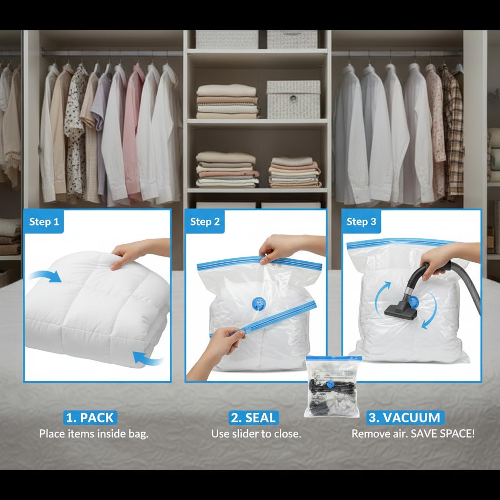10-Pack Vacuum Storage Bags 40x60cm - Space Saver for Clothes, Quilts, Pillows & Blankets, Transparent Blue Airtight Seal (Reusable & Heavy-Duty)