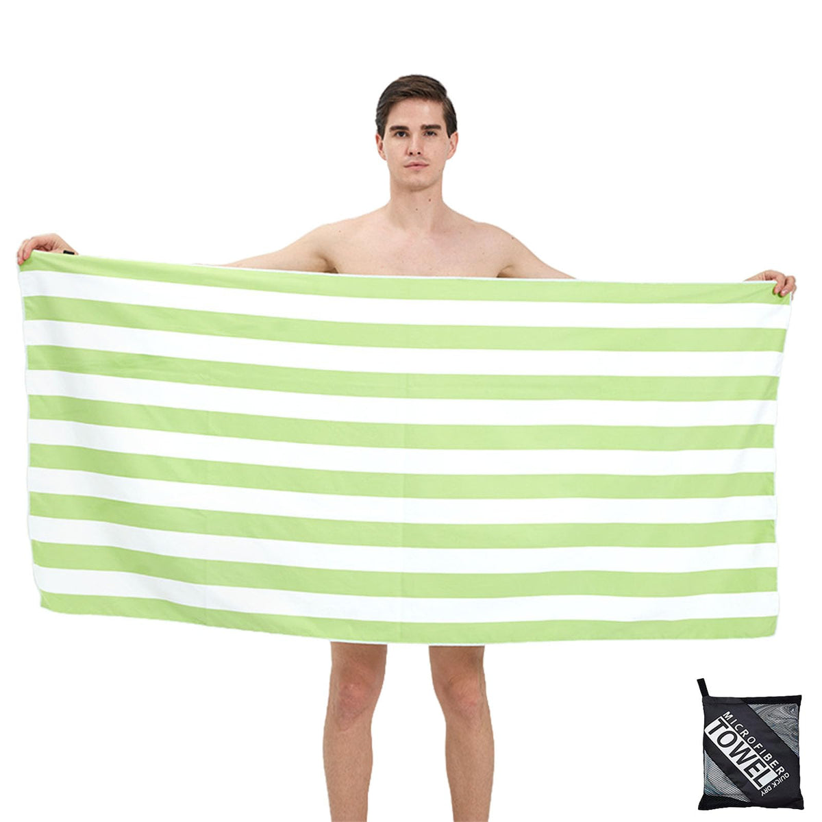 Large Thin Microfibre Beach Towel with Bag for Adult Men Women,160x90cm Green Stripe Beach Towels Quick Dry Sand Free Lightweight Swim Bath Towel for