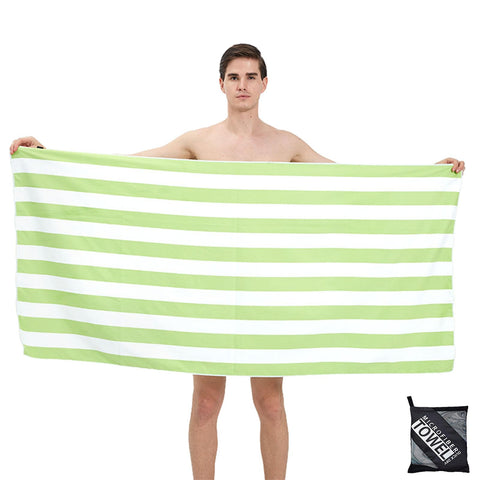 Large Thin Microfibre Beach Towel with Bag for Adult Men Women,160x90cm Green Stripe Beach Towels Quick Dry Sand Free Lightweight Swim Bath Towel for