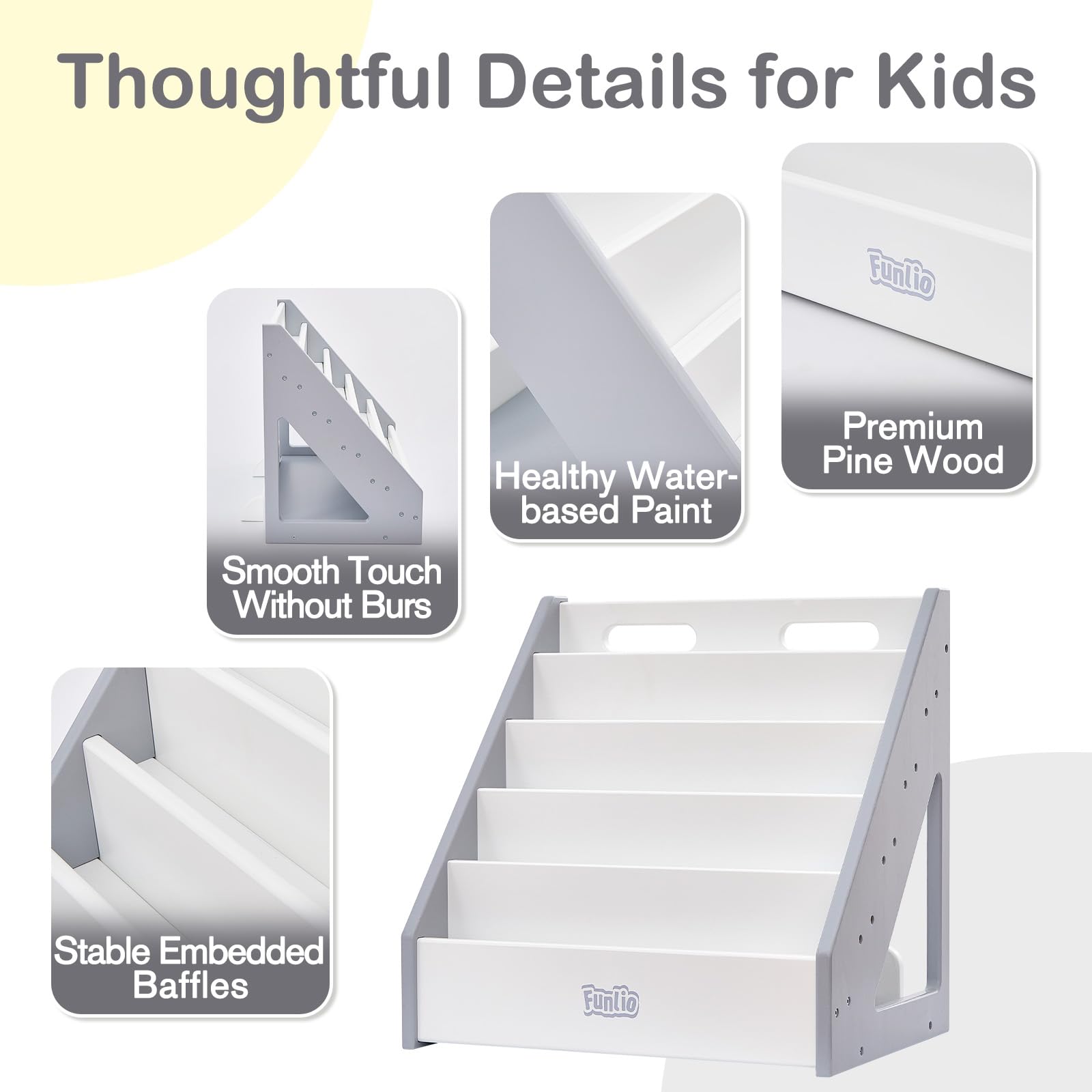 FUNLIO Montessori Bookshelf for Toddlers 1-5 Years, Front-Facing Kids Bookshelf with Handle & Anti-Tilting Device, Premium Pine Baby Bookshelf