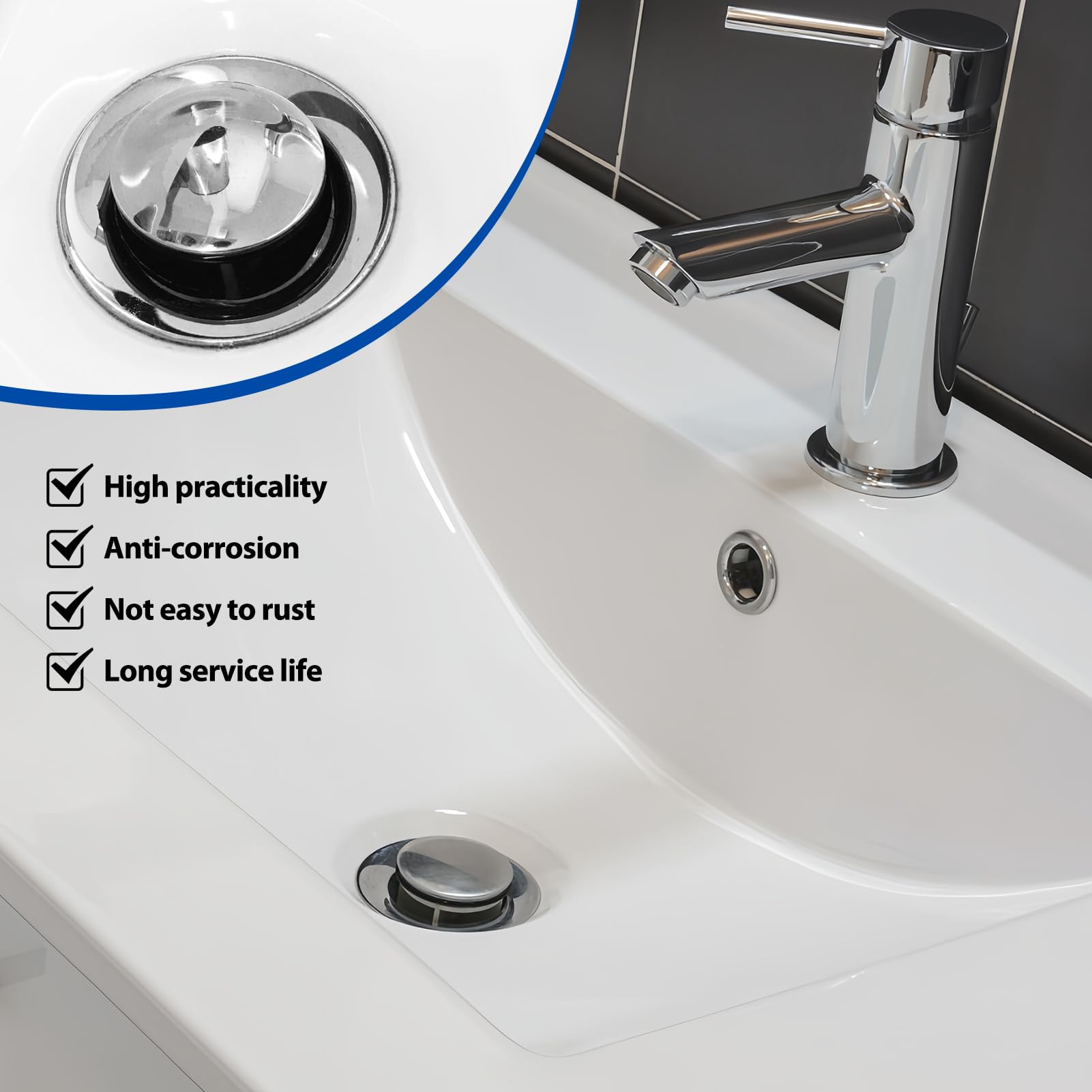 Tuwonwa Adjustable Pop-Up Bathtub & Basin Drain Plug, Copper & Rubber, 1.73 Inch (44mm), Silver