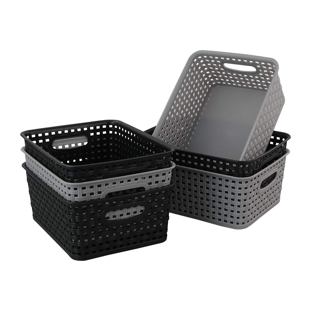 Mayish Plastic Weave Basket with Handle, Black and Grey, 6 Packs