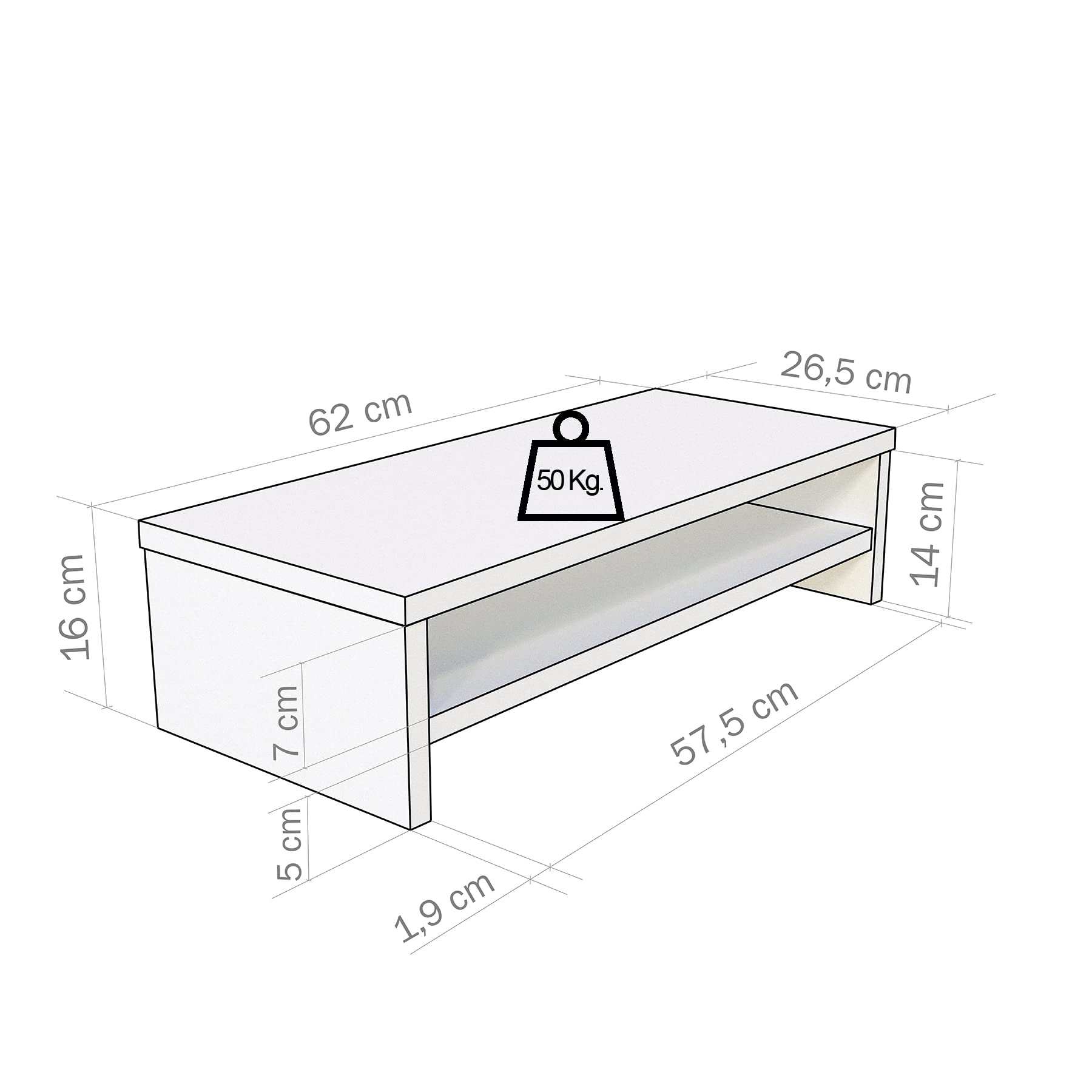 Henor Wooden TV Riser Monitor Stand with Intermediate Shelf 62 x 26.5 x 16 cm. Supports 50 kg.Graphite.