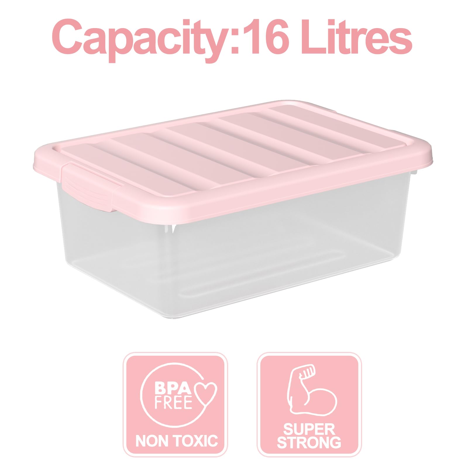 Waikhomes 2 Pack 16 L Under Bed Latching Box, Clear Box with Pink Lid