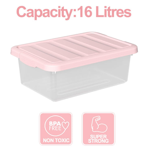 Waikhomes 2 Pack 16 L Under Bed Latching Box, Clear Box with Pink Lid