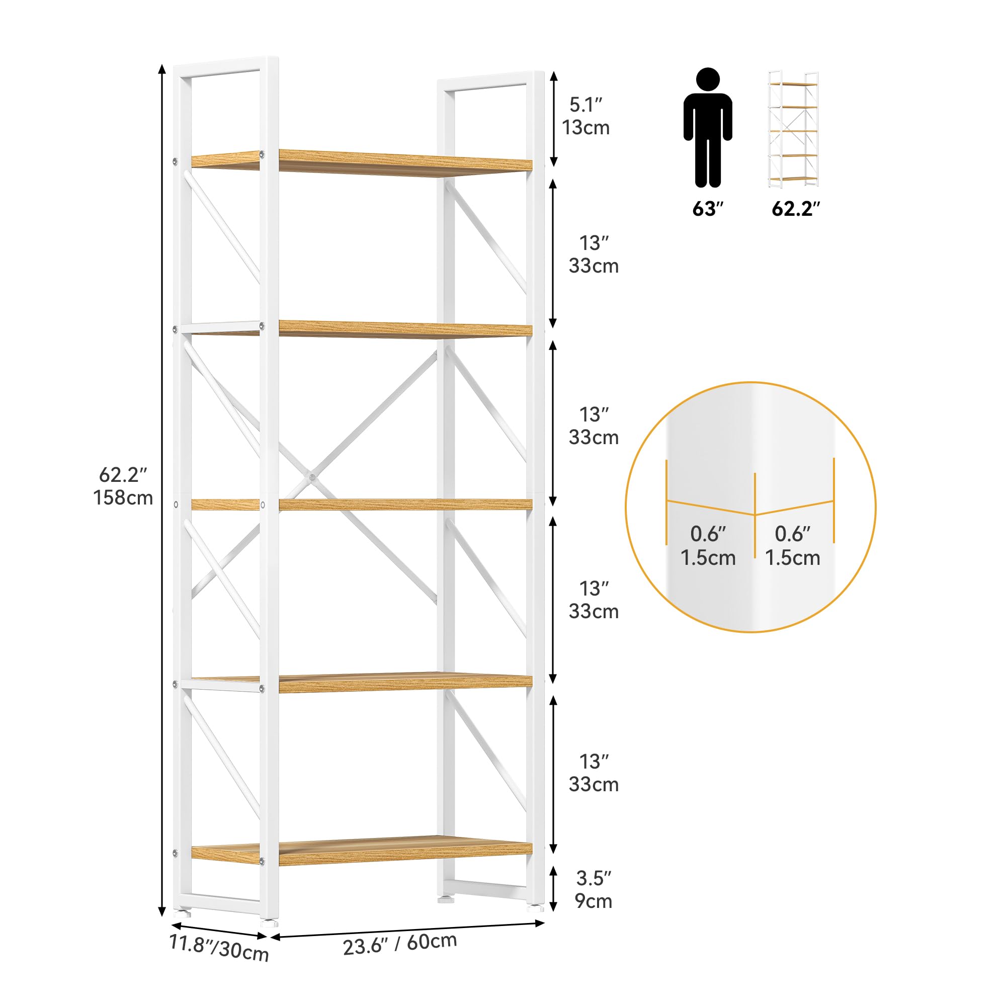 DWVO 5 Tiers Book Shelf, Wood and Metal Bookcase Storage Organizer, Industrial Bookshelf Tall Shelving Unit Display Rack for Living Room Kitchen