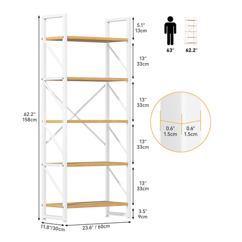 DWVO 5 Tiers Book Shelf, Wood and Metal Bookcase Storage Organizer, Industrial Bookshelf Tall Shelving Unit Display Rack for Living Room Kitchen