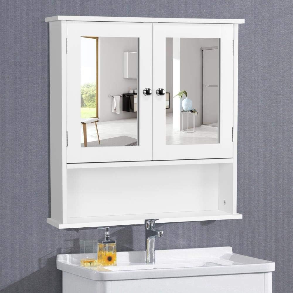 Yaheetech Bathroom Mirror Cabinet, 2 Doors & Open Shelf, White
