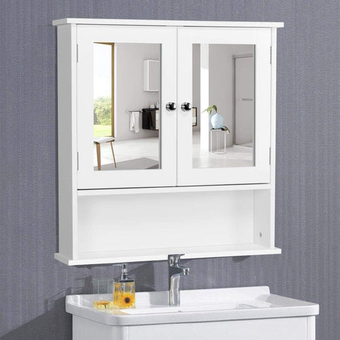 Yaheetech Bathroom Mirror Cabinet, 2 Doors & Open Shelf, White