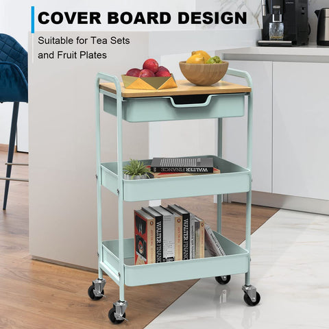 Shrivee 3-Tier Kitchen Trolley with Table and Drawer, All-Purpose Metal Shelf for Office, Salon, Cosmetics, Serving Cart for Kitchen, Bathroom