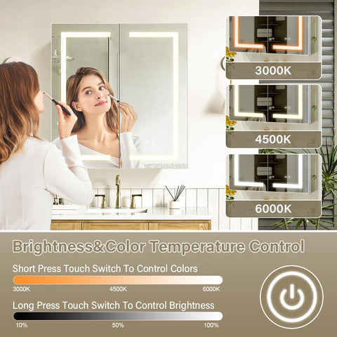 Janboe LED Mirror Cabinet,Bathroom Mirror Cabinet with Lights,76cm×81cm,Equip with Internal Light,Aluminum Construction,USB Shaver Socket,3