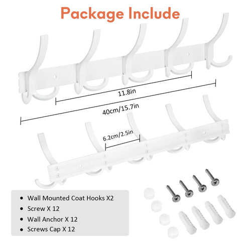 Optish Coat Hooks Wall Mounted, 2 Pack Coat Rack Wall Mount with 15 Hooks, White Wall Coat Hooks for Jackets, Hats, Bags, for Entryway, Bedroom