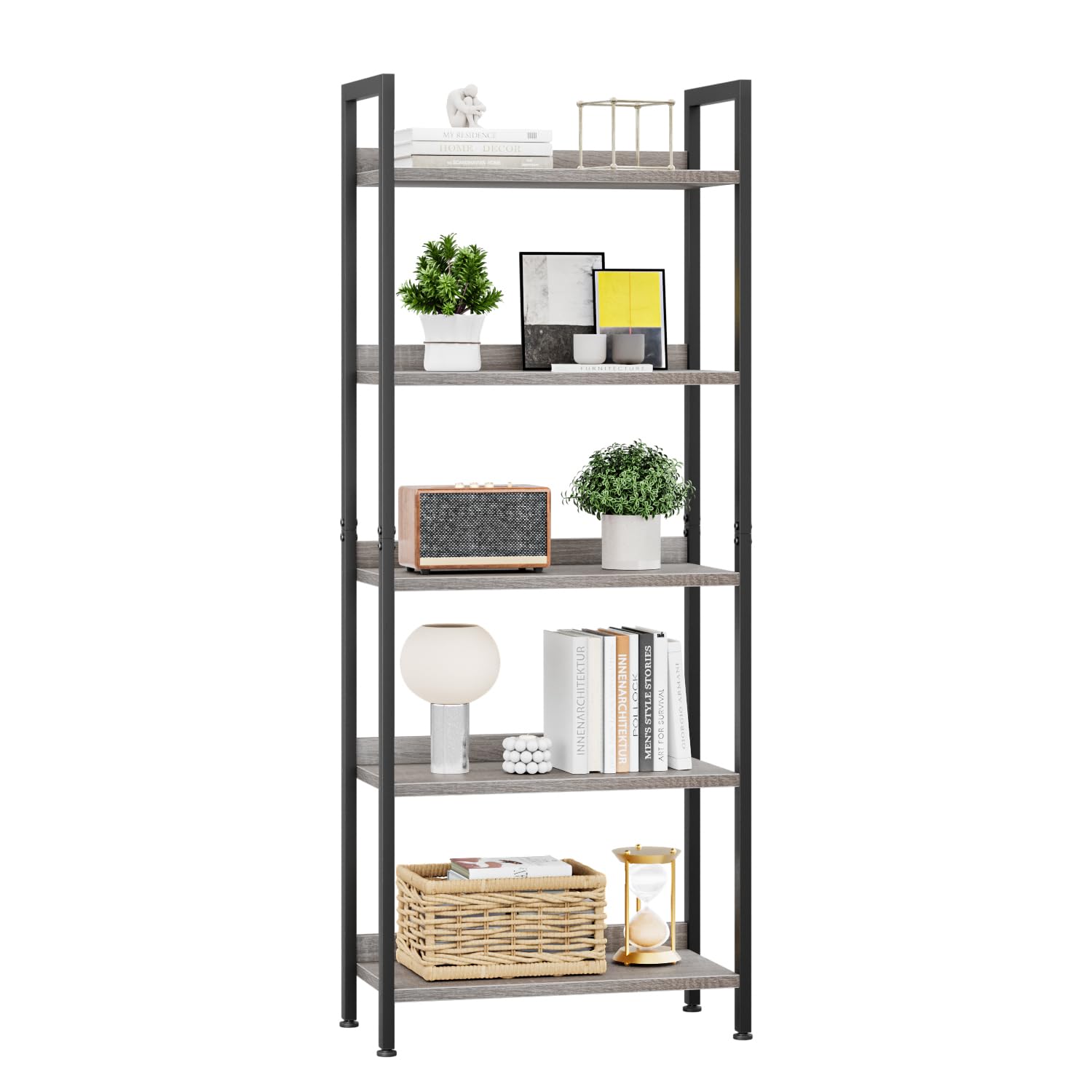 APPOLYN 5 Tier Bookshelf, Open-shelf Bookcase with Backboard, Grey