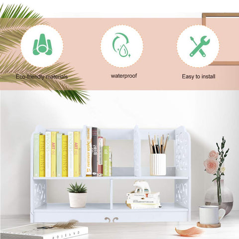 2 Tier Desktop Bookshelf, White, Wooden Storage Organiser Stand with Carved Patterns, Mini Display Rack for Books and Office Supplies