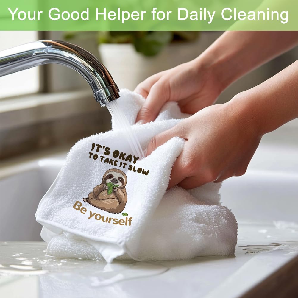 WADORN Microfibre Sloth Tea Towels Pack of 4, Funny Sloth Printed Dish Cloth Towels Absorbent Soft Sloth Hand Towels Dishcloths for Bathroom Dining