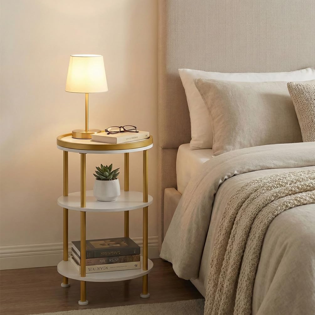 Small Round Side Table, Gold Round End Table with White Shelves, 3-Tier Modern Nightstand for Bedroom & Living Room