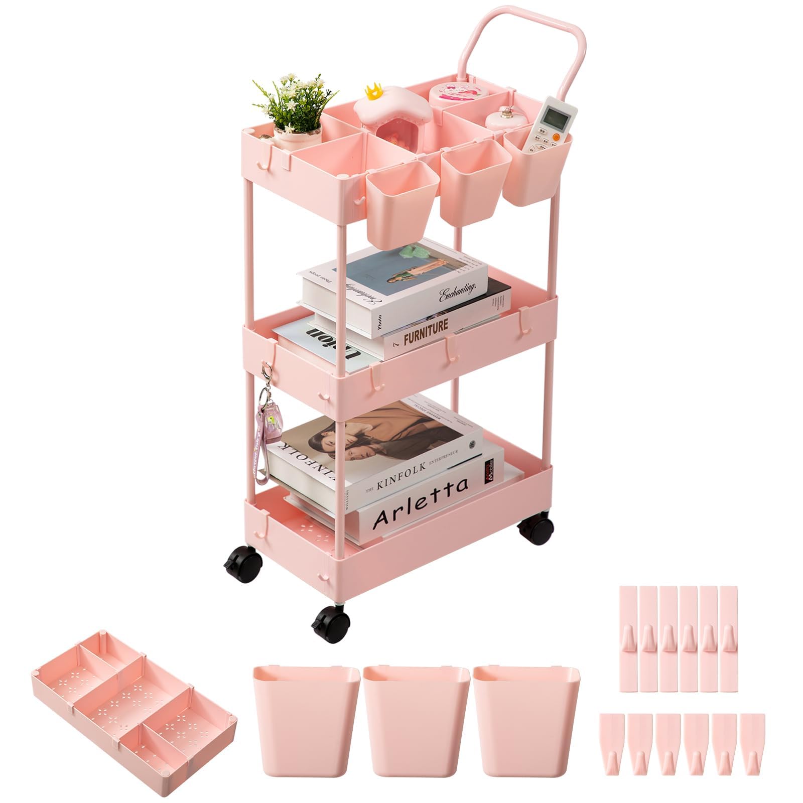danpinera 3-Tier storage trolley, storage trolley on wheels, beauty trolley with Dividers & Hooks & Hanging Cups, kitchen trolley