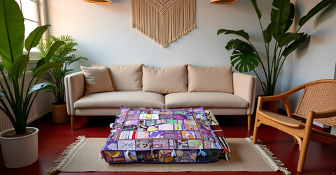 CRAFT KALA Indian Square Patchwork Traditional Pouf Cover Indian Living Room Poufs Decorative Embroidered Designer Ottoman Home Footstool Chair Cover