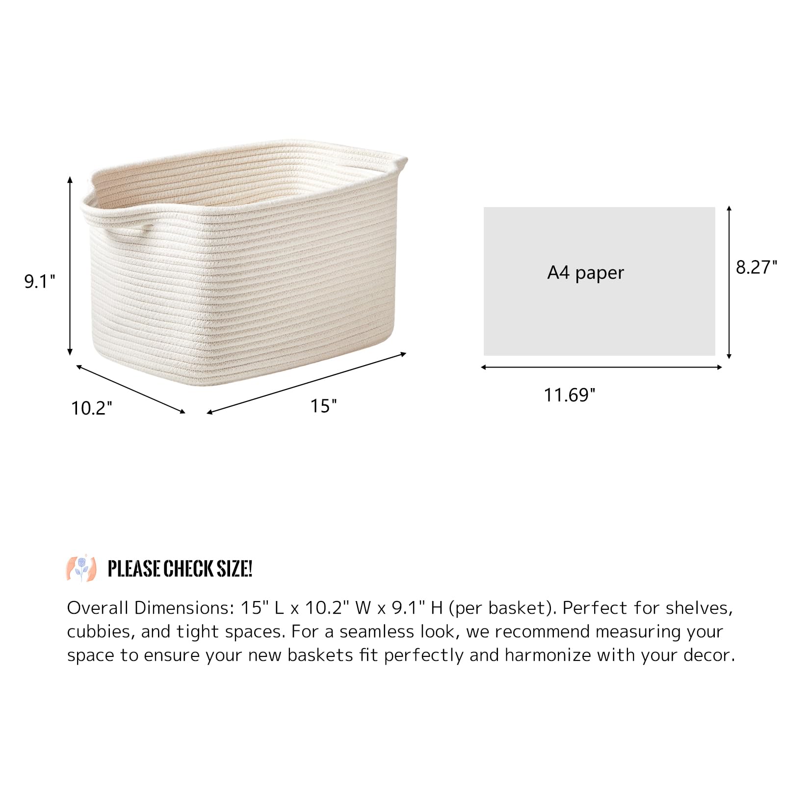 R RUNKA 3 Packs Cotton Rope Woven Basket With Handles for Shelves -15"*10.2"*9.1"(White)