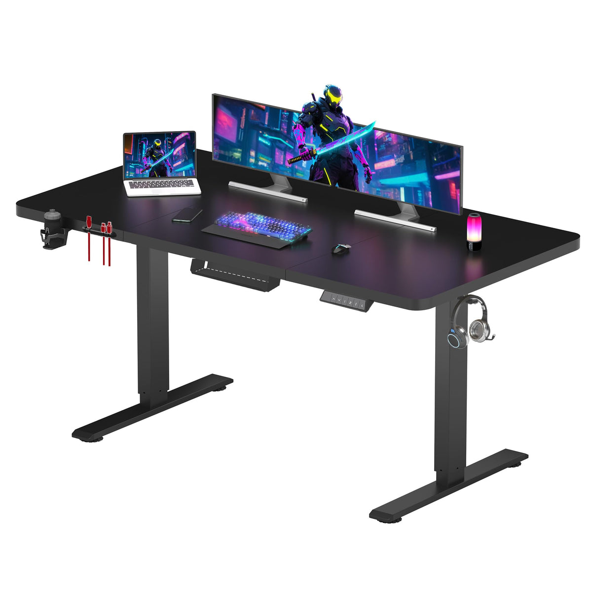 SANODESK 140x60cm Electric Standing Desk Height Adjustable Gaming Standing Desk with Hooks & Cupholder Sit Stand Desk with Organizer Home Office Desk