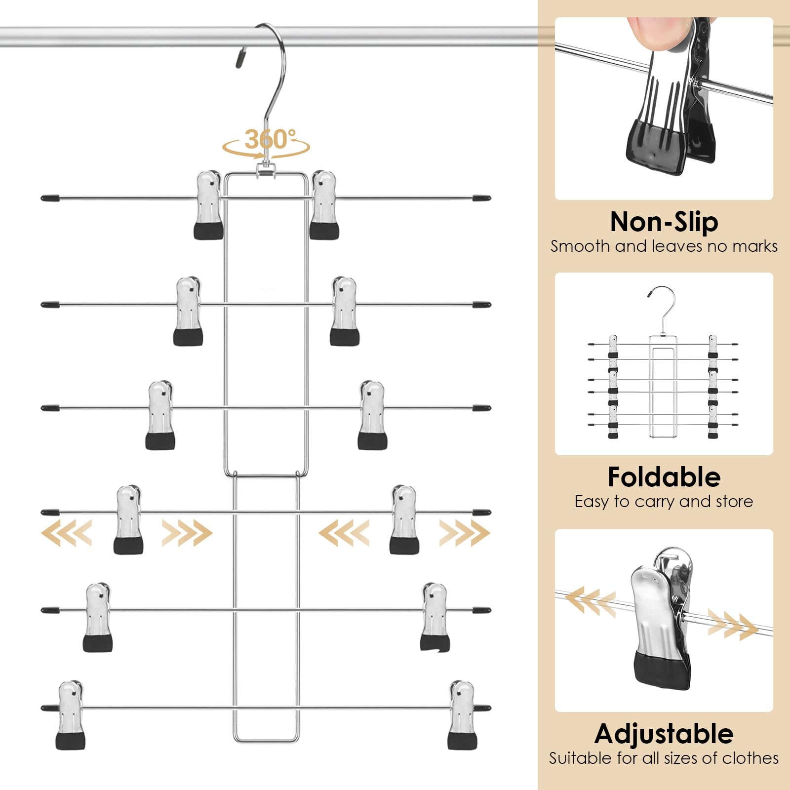 Trouser Hangers Space Saving - 2 Pack Skirt Hangers with Adjustable Non-Slip Clips