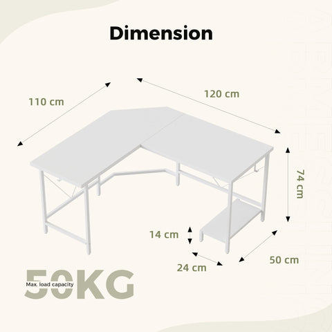 Mericonia L Shaped Desk, Diamond Design for Socket, 120x110cm, White