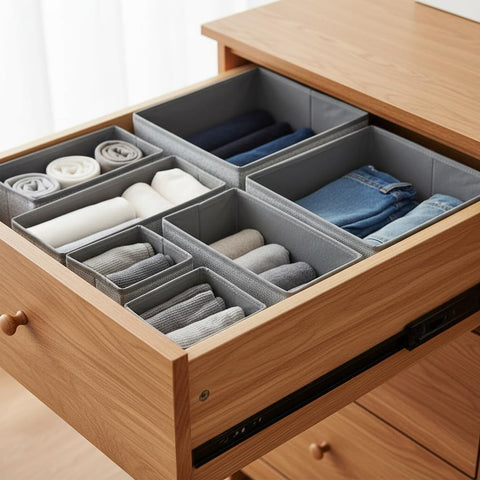 Nesrefyn 6-Pack Drawer Dividers & Organisers for Wardrobe – Foldable Storage Organisers for Clothes, Underwear, Socks, Bras, Accessories, Grey