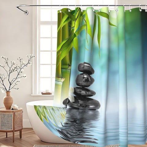 Xiaoterna Spa Garden Shower Curtain Bokeh Spa Green Bamboo Black Stone Flower Bathroom Curtain Simple Home Garden Waterproof Shower Curtain Machine