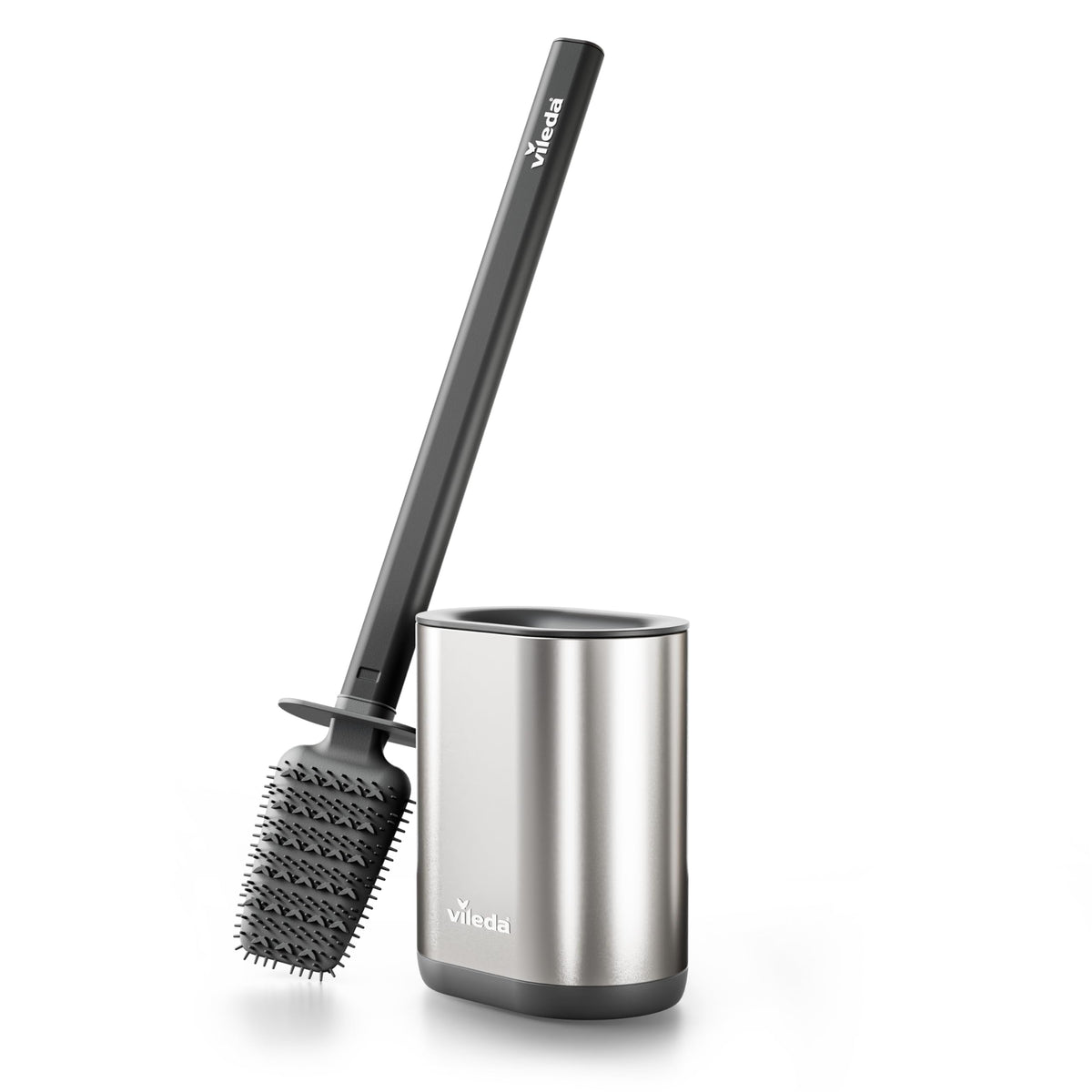 Vileda Silicone Toilet Brush Silver with Flex Head and Stainless Steel Handle - Toilet Brush with 2-in-1 Cleaning Zones