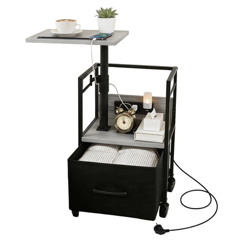 Bedside Table with Charging Station, Narrow Side Table on Wheels with Adjustable Swivel Top, Large Drawer Storage and 360° Rotating Tabletop